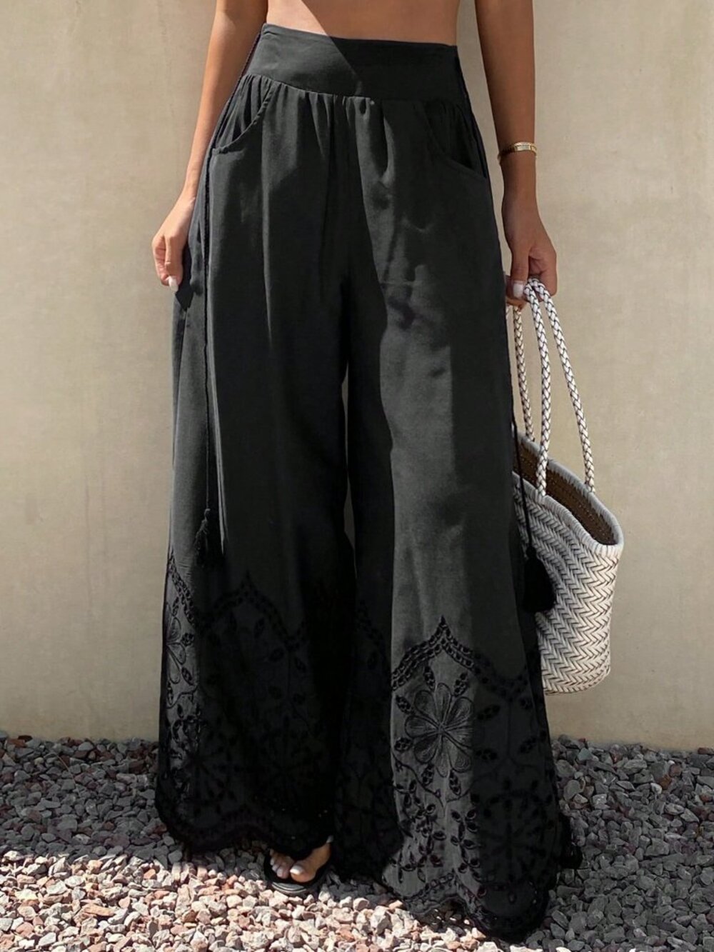 Black Boho Women's Lace Tie-Up Hollow Out Pants - Picture 3 of 7